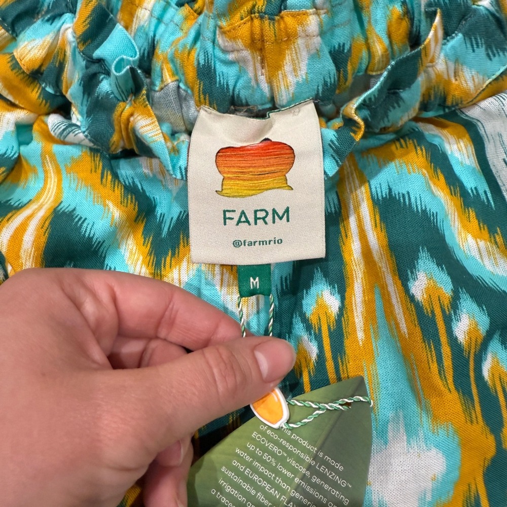 FARM Rio Tropical Tapestry Wide Leg Linen‎ Blend Pants Teal Yellow M Medium NWT - Picture 3 of 11